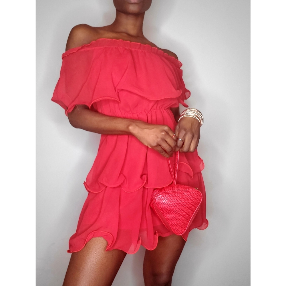 PLT Red Chiffon Bardot Ruffle Tiered Dress